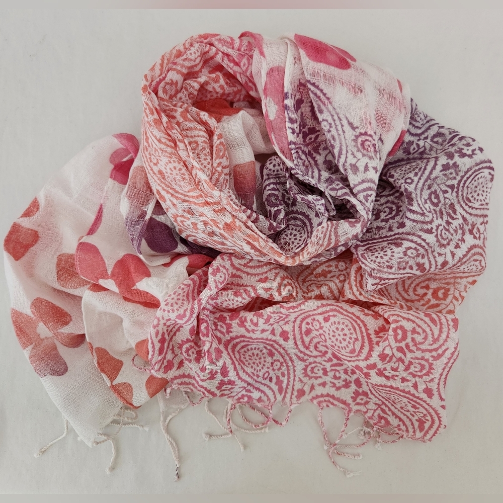 Japanese Gauzy Scarf - Fringe Paisley Floral Sherbert Colors - 70" x 21.5"